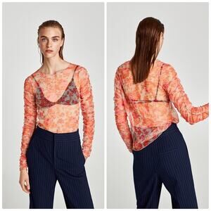 Zara Floral Tulle T-shirt‎ with Gathered Sleeves Round Neckline Size Medium NEW